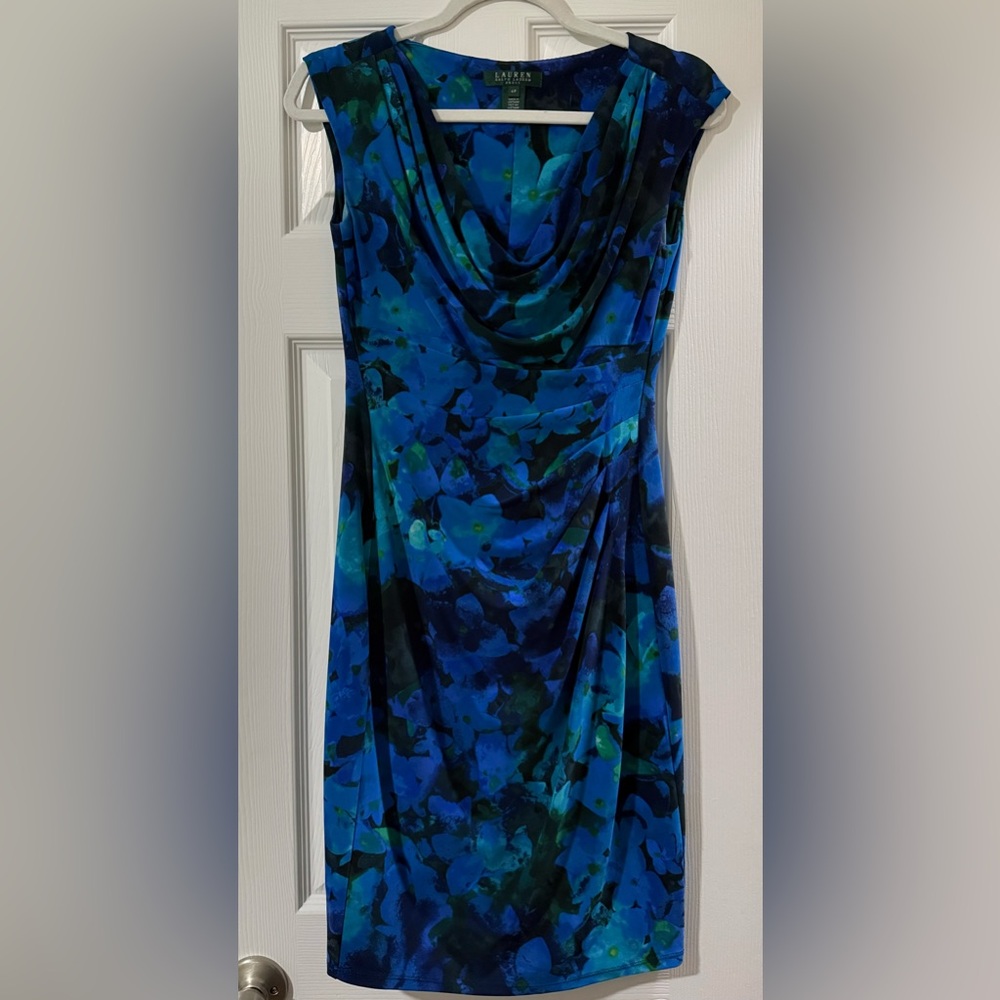 Lauren Ralph Lauren Blue and Teal Floral Cowl-Neck Midi Dress